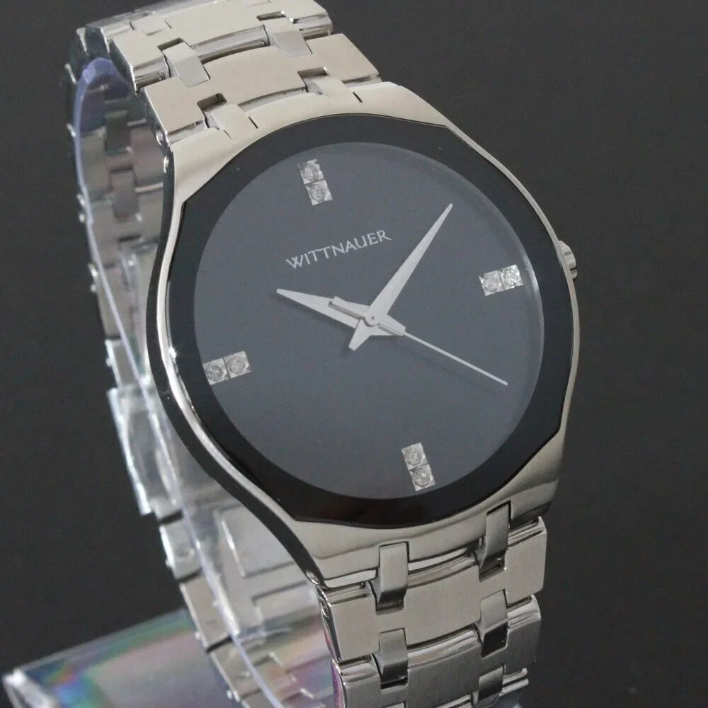 Wittnauer Ladies Dress Watch 8 Diamonds On Black Sun-ray Dial 36mm